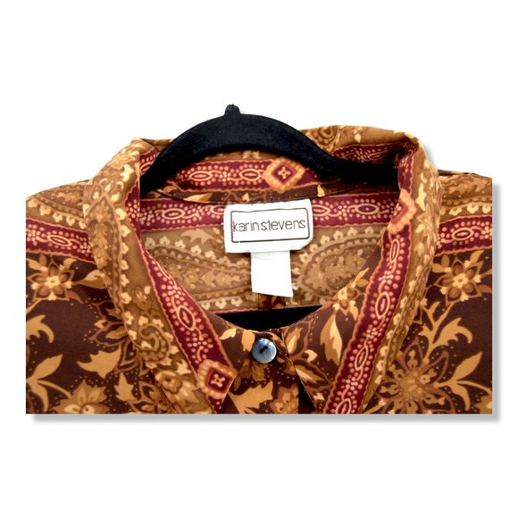 Karin Stevens Y2K Brown Open Slit Back Shirt Shoulder Pad Size 16 90s - Picture 3 of 5